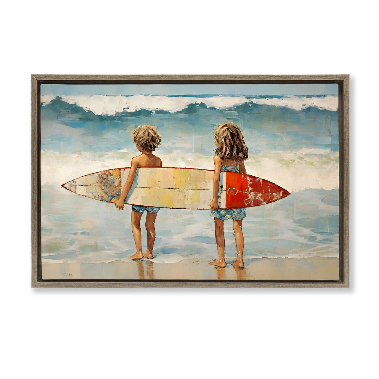 Stupell Industries Kids with Surf Waves Framed Floater Canvas Wall Art Design by Petal Prints Design
